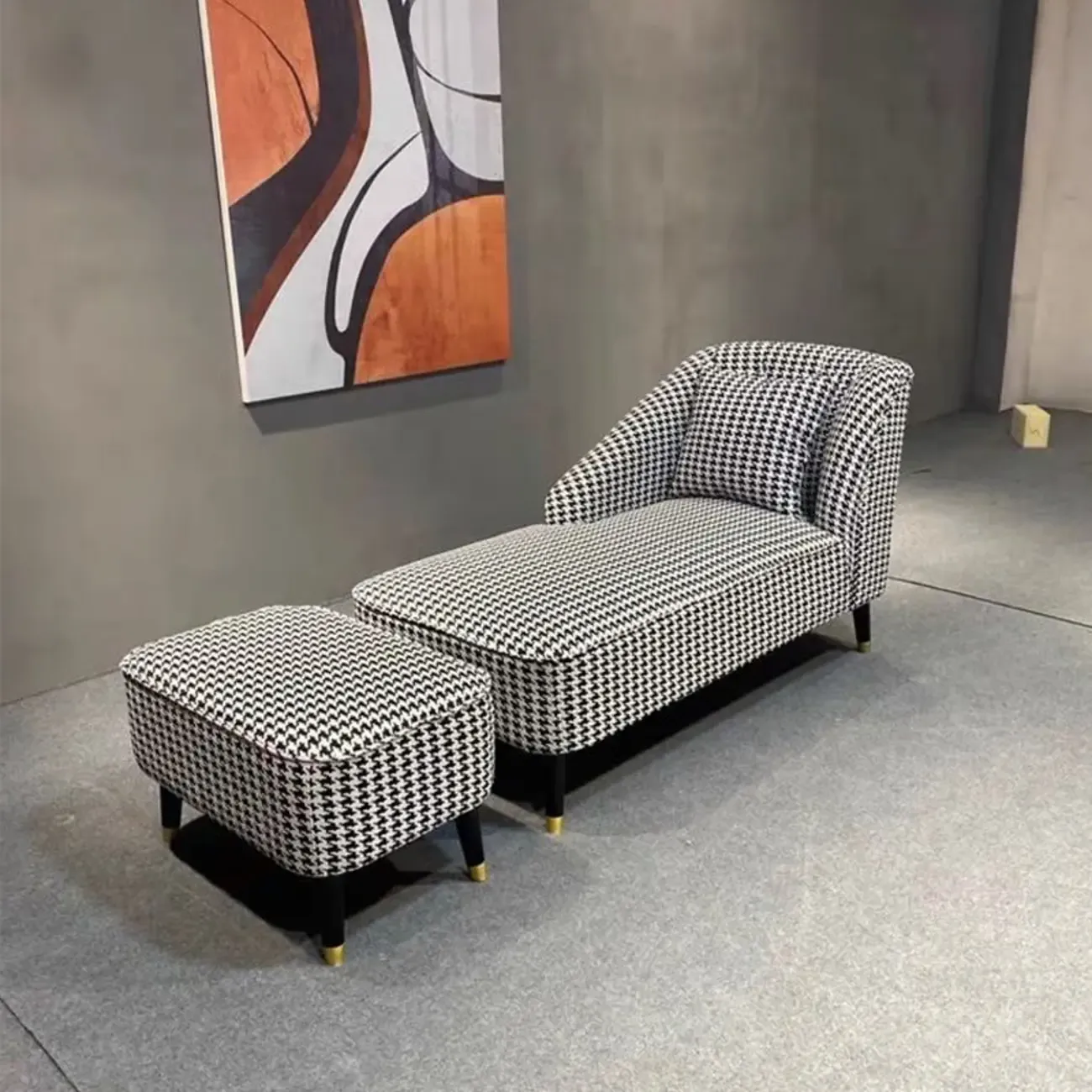 Modern Houndstooth Black White Chaise Lounge Image - 6