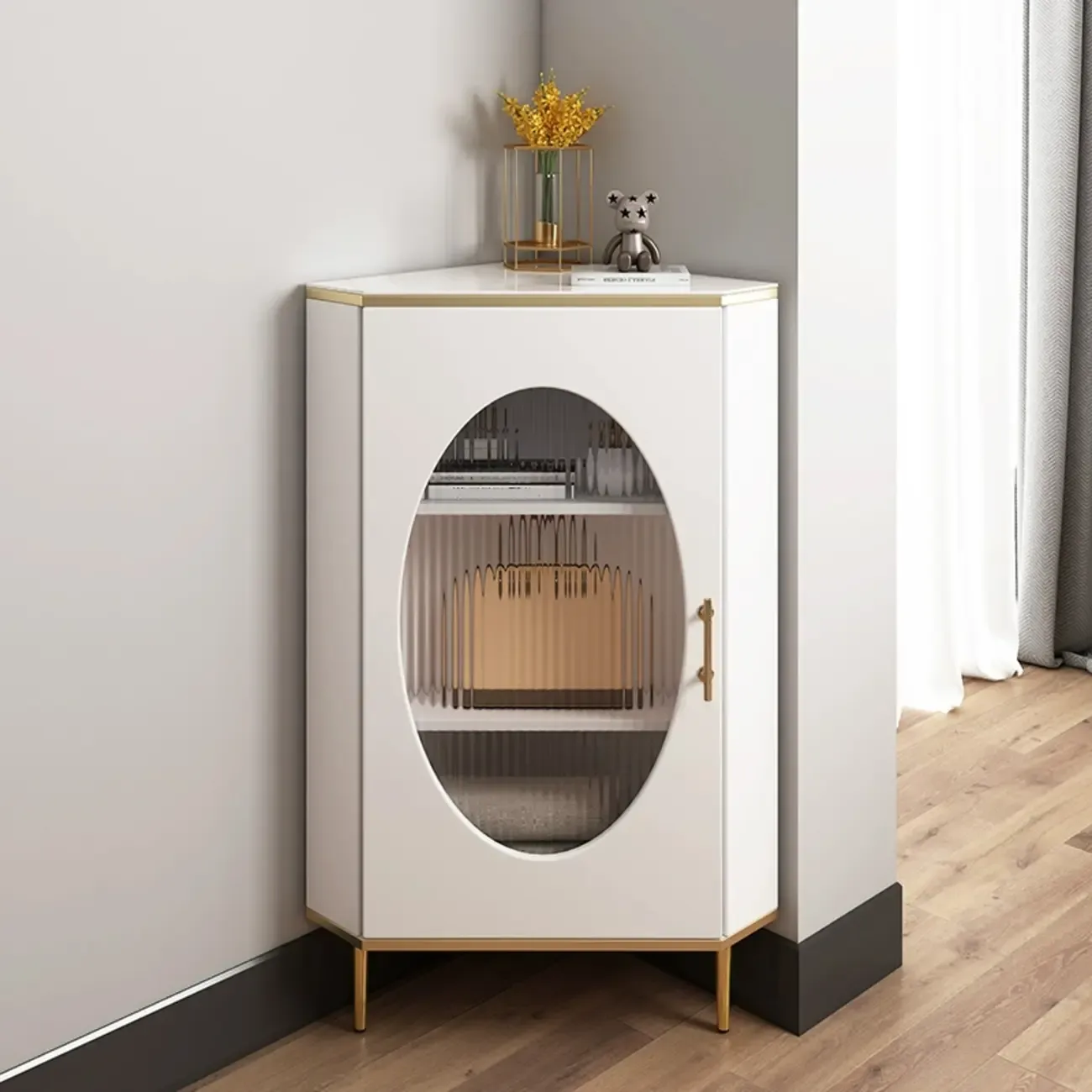 Glam Grey Gold Slate Top Stainless Steel Glass Corner Cabinet Image - 4