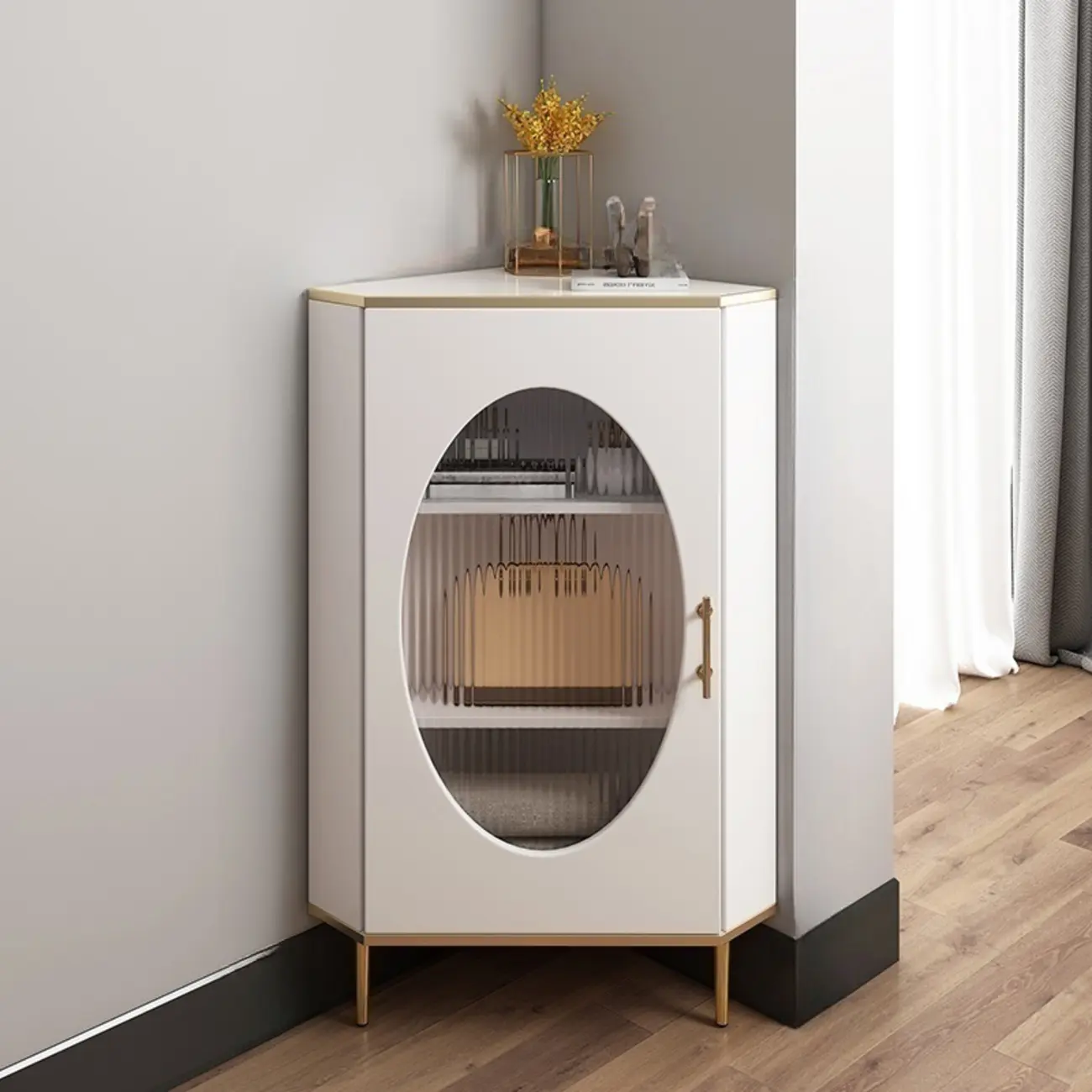 Glam Grey Gold Slate Top Stainless Steel Glass Corner Cabinet Image - 5 | homeyfad