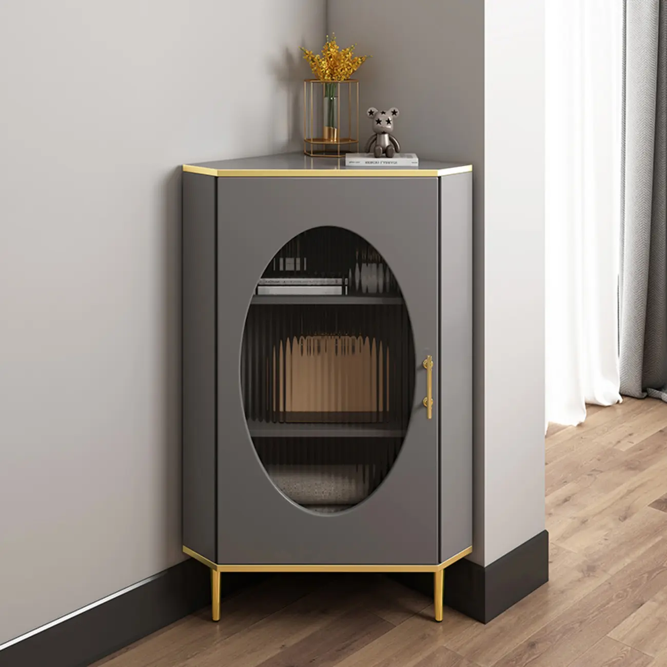 Glam Grey Gold Slate Top Stainless Steel Glass Corner Cabinet Image - 1 | homeyfad