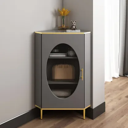 Glam Grey Gold Slate Top Stainless Steel Glass Corner Cabinet Image - 1