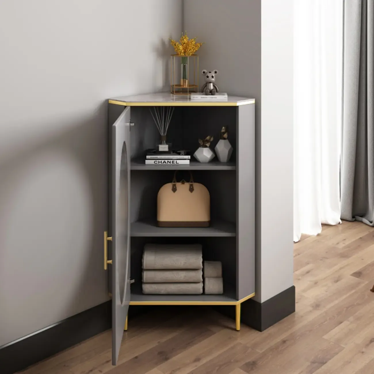 Glam Grey Gold Slate Top Stainless Steel Glass Corner Cabinet Image - 3