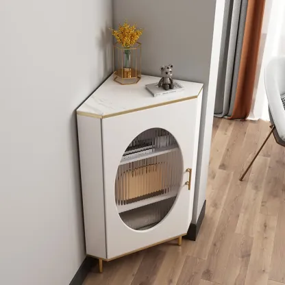 Glam Grey Gold Slate Top Stainless Steel Glass Corner Cabinet Image - 6