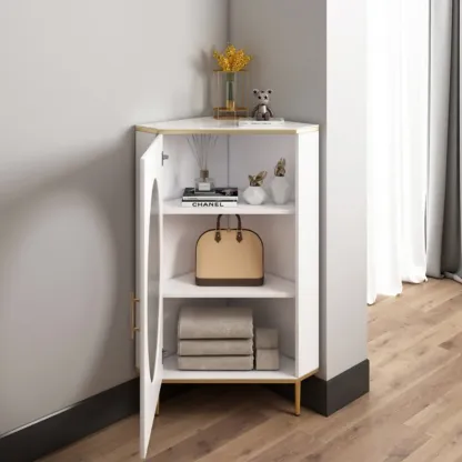 Glam Grey Gold Slate Top Stainless Steel Glass Corner Cabinet Image - 7