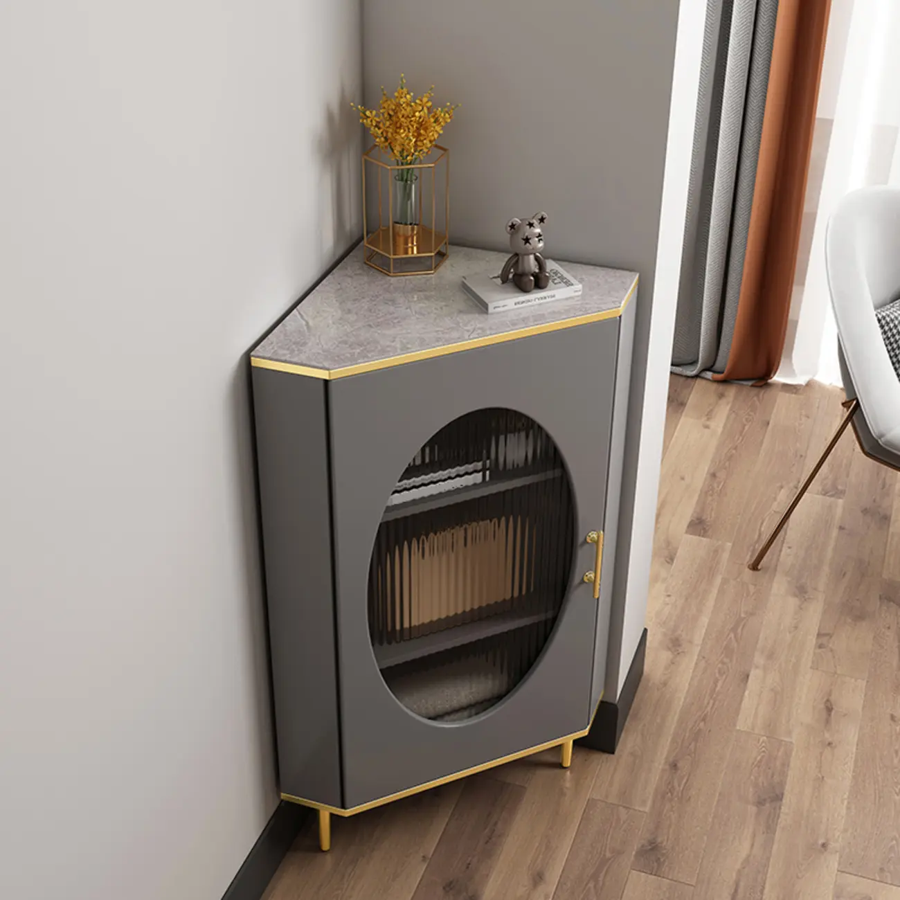 Glam Grey Gold Slate Top Stainless Steel Glass Corner Cabinet Image - 2 | homeyfad