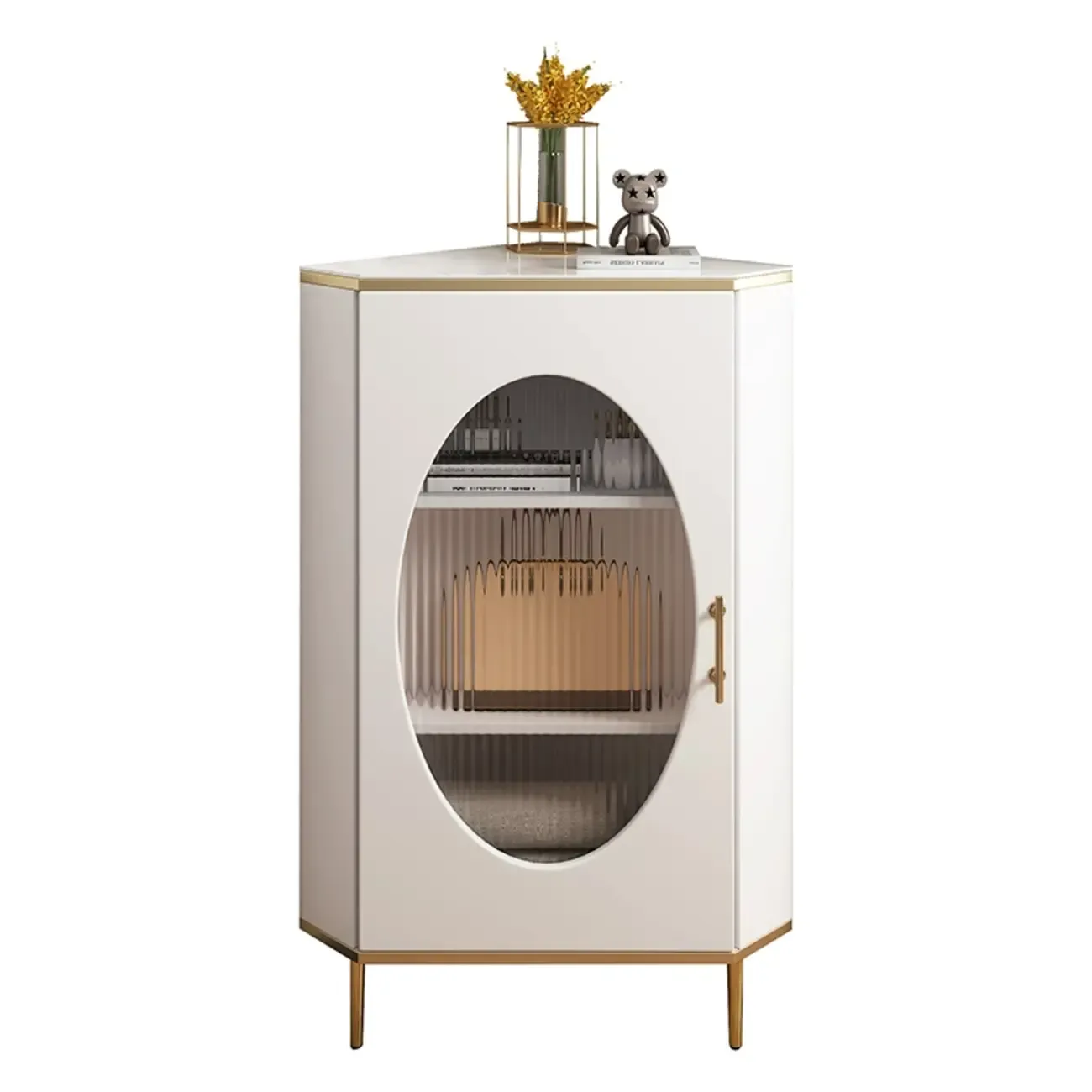 Glam Grey Gold Slate Top Stainless Steel Glass Corner Cabinet Image - 8