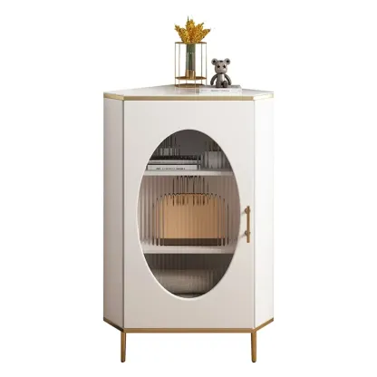 Glam Grey Gold Slate Top Stainless Steel Glass Corner Cabinet Image - 8