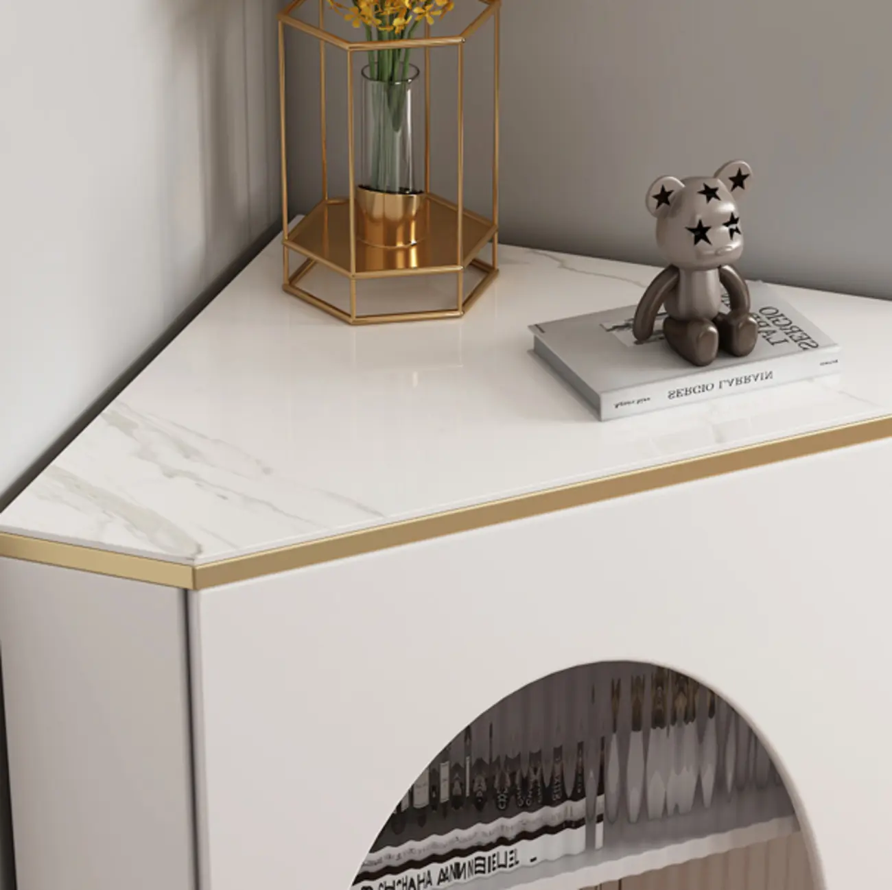 Glam Grey Gold Slate Top Stainless Steel Glass Corner Cabinet Image - 10 | homeyfad