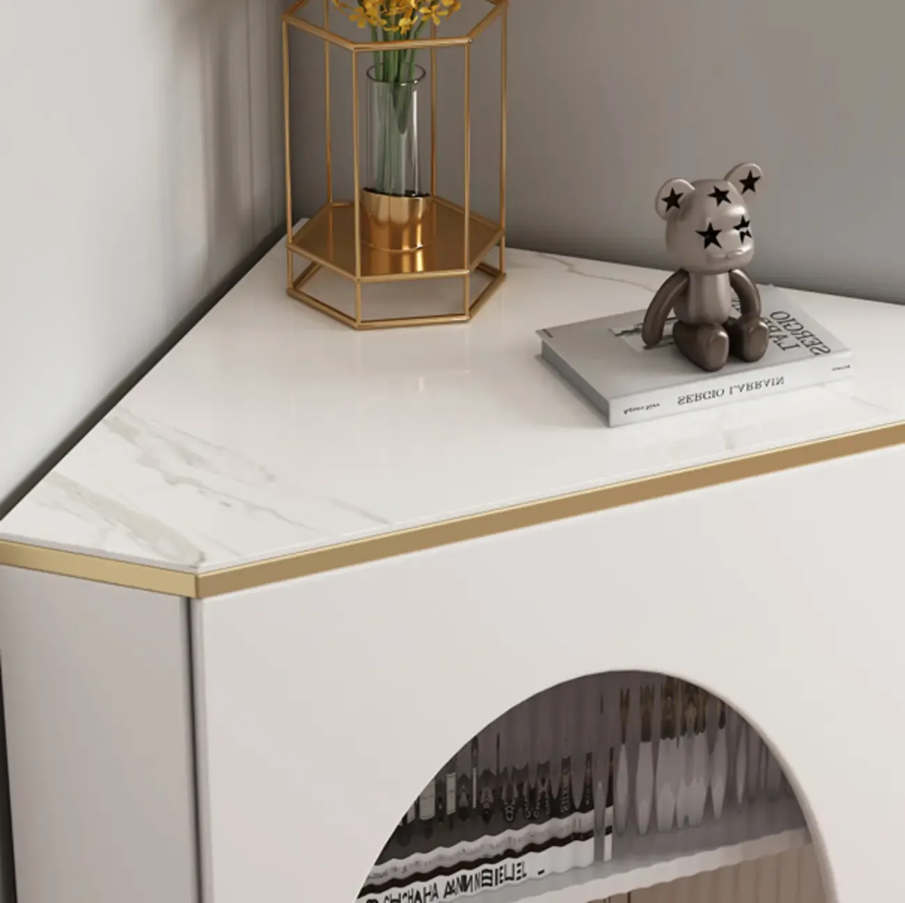 Glam Grey Gold Slate Top Stainless Steel Glass Corner Cabinet Image - 10