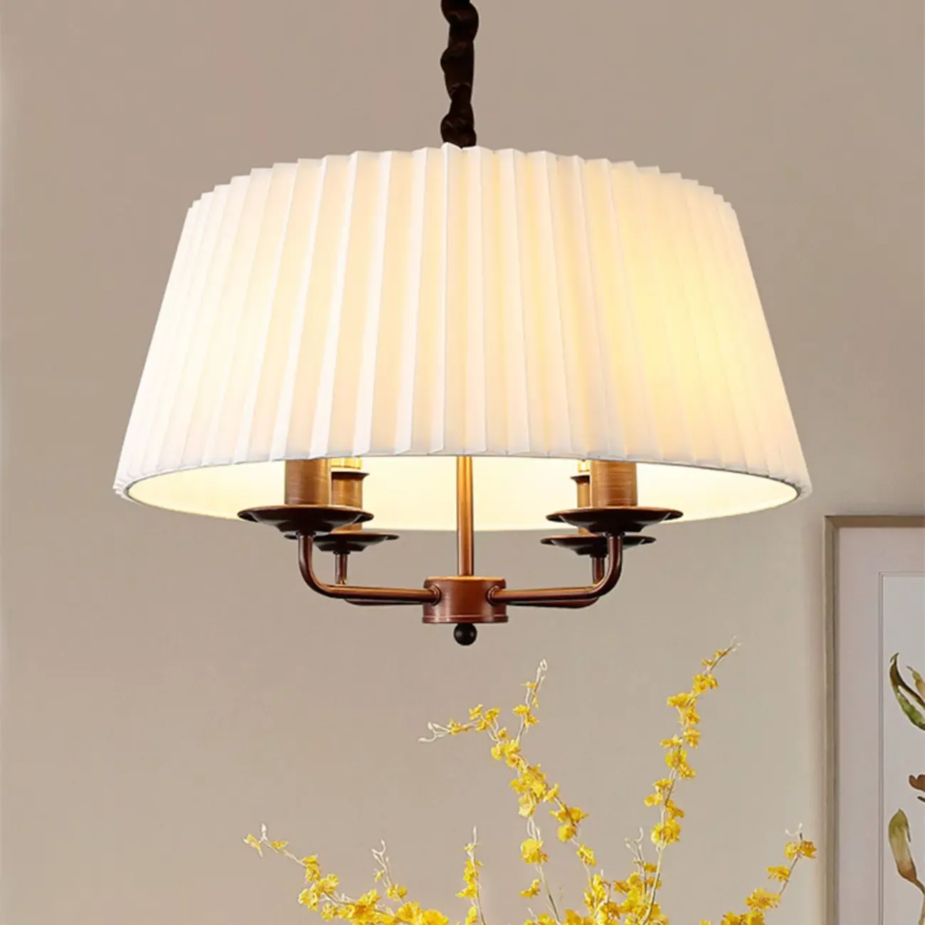 White Fabric Drum Bronze Modern Chandelier Light Image - 3