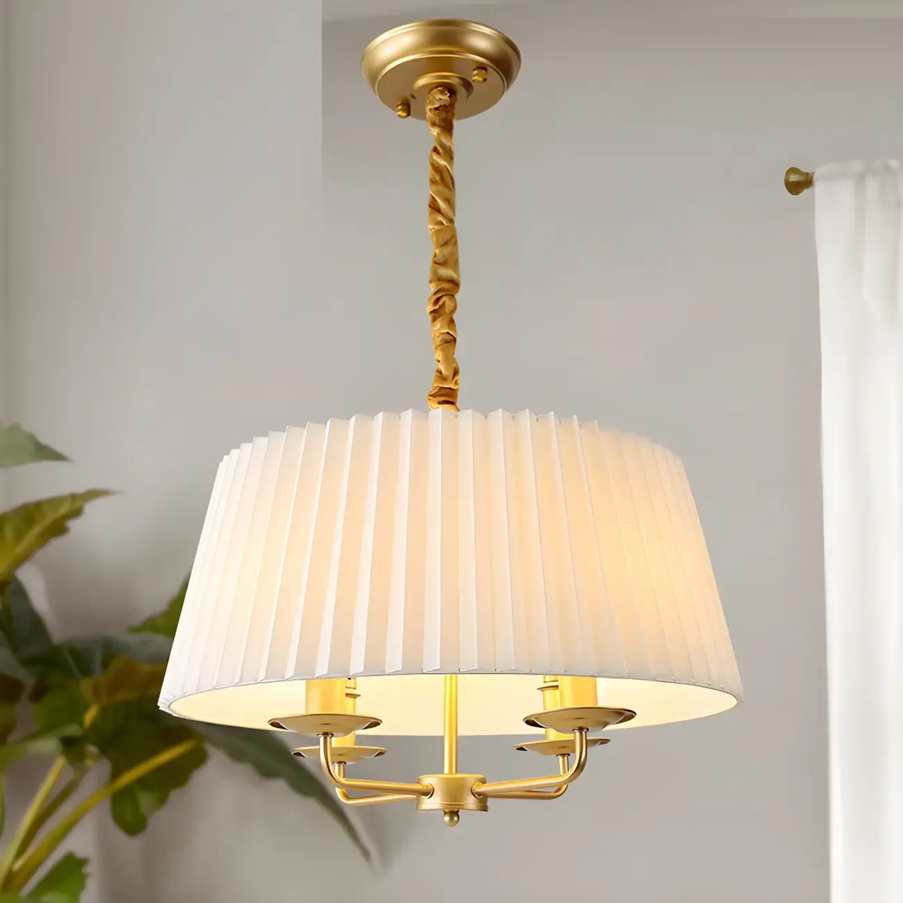 White Fabric Drum Bronze Modern Chandelier Light Image - 8