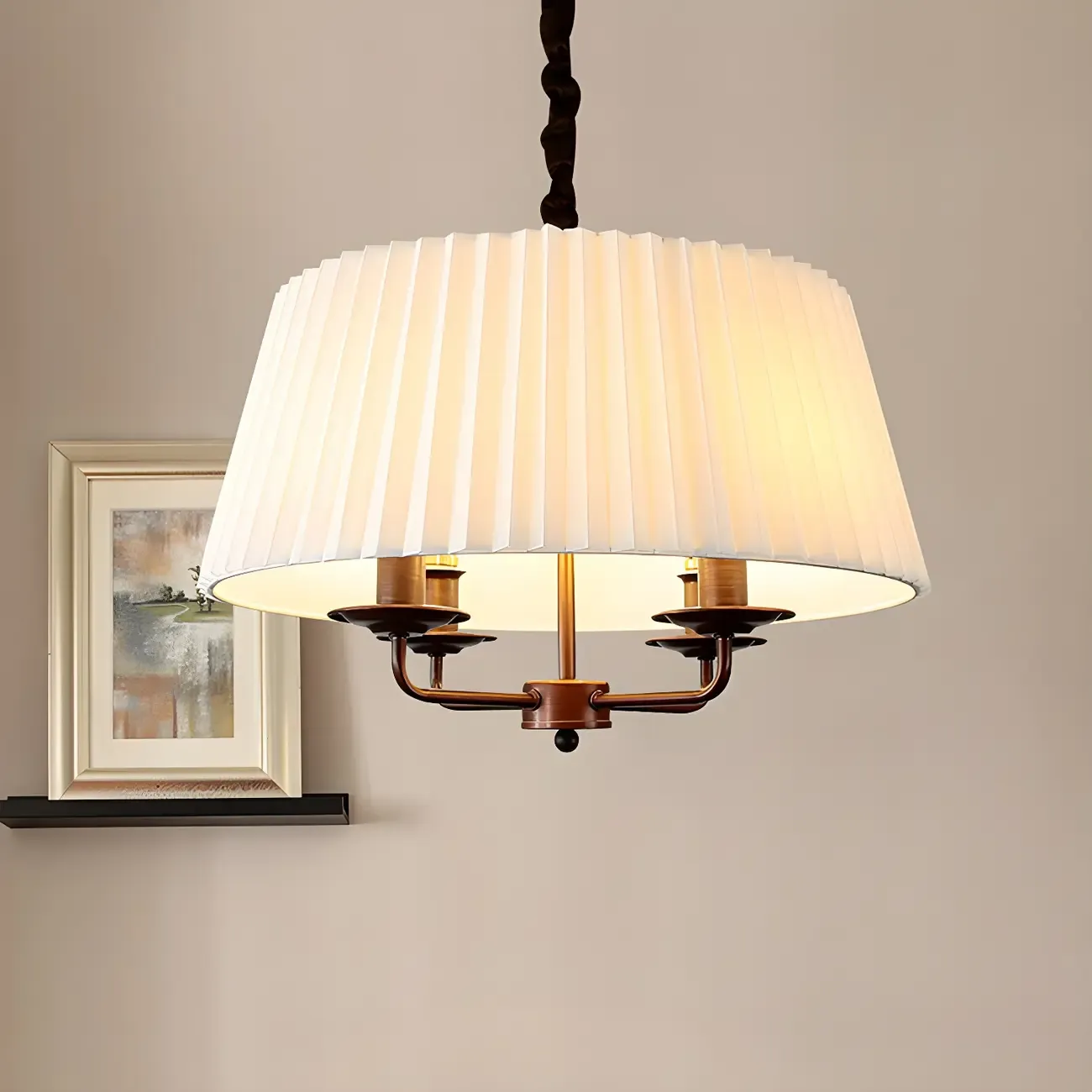 White Fabric Drum Bronze Modern Chandelier Light Image - 4