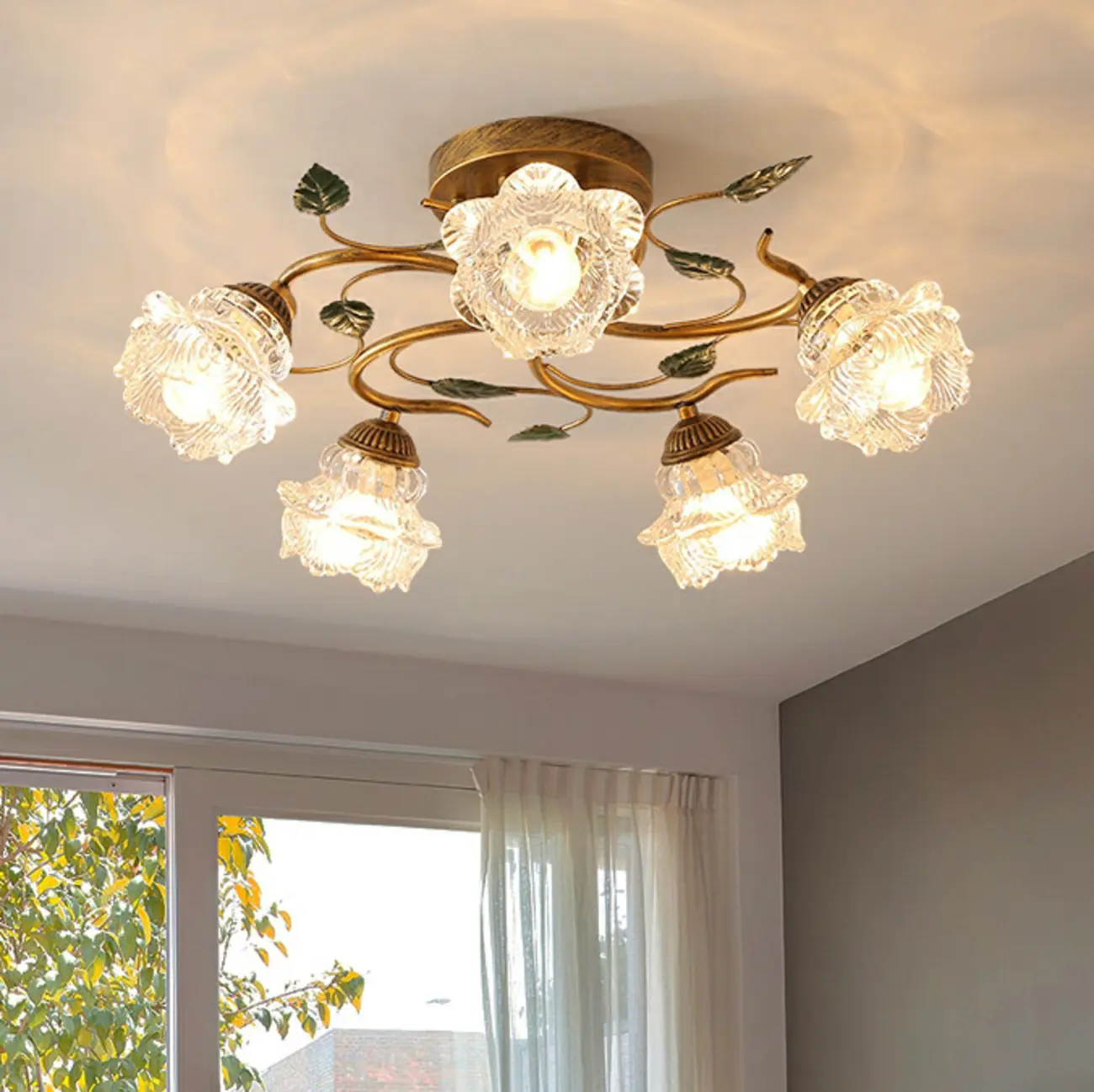 Vintage 5-Light Brass Glass Flower Semi-Flush Ceiling Light Image - 1 | homeyfad