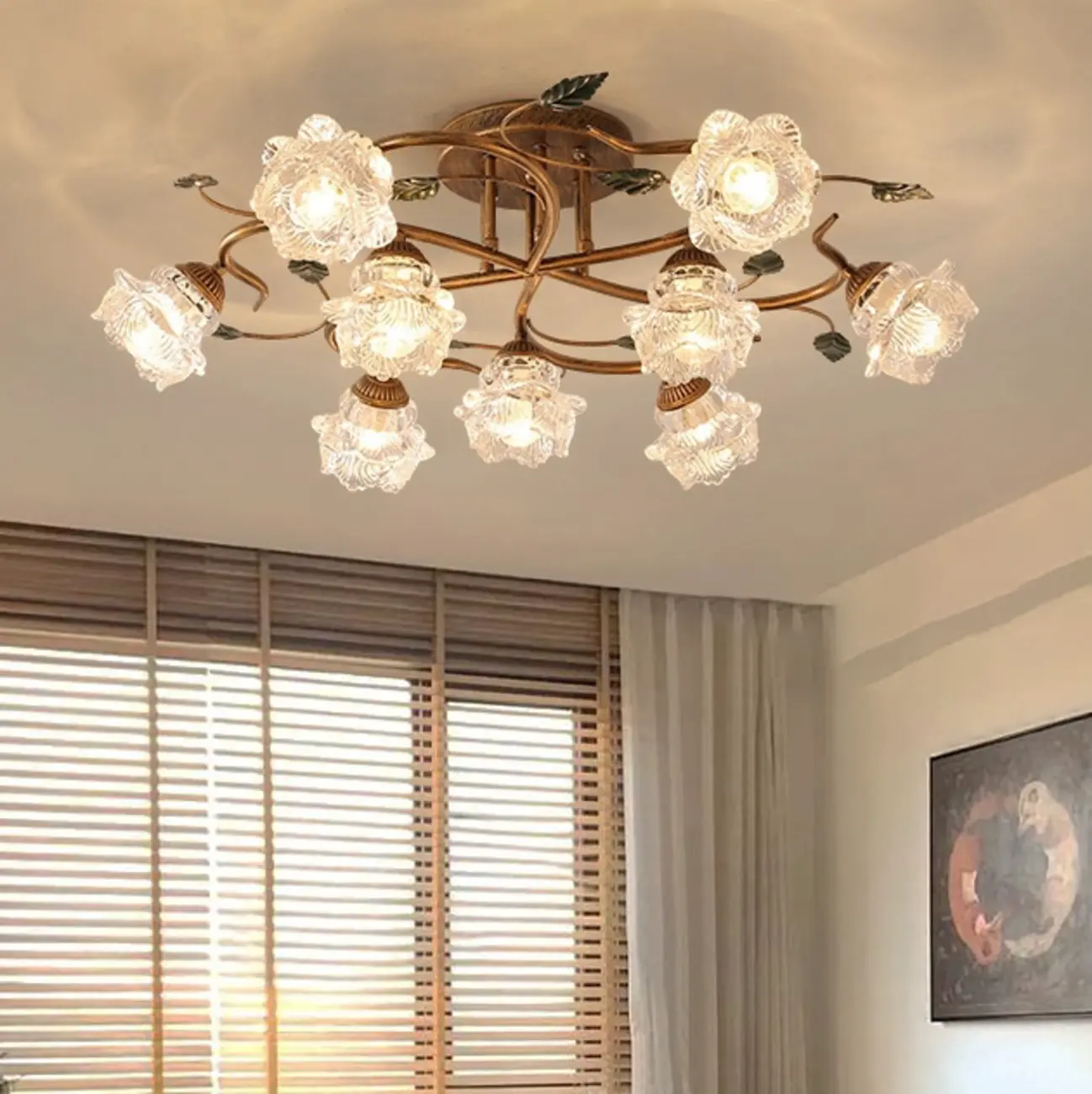 Vintage 5-Light Brass Glass Flower Semi-Flush Ceiling Light Image - 2 | homeyfad