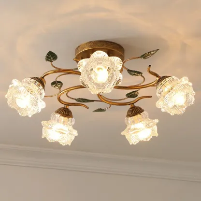 Vintage 5-Light Brass Glass Flower Semi-Flush Ceiling Light Image - 3