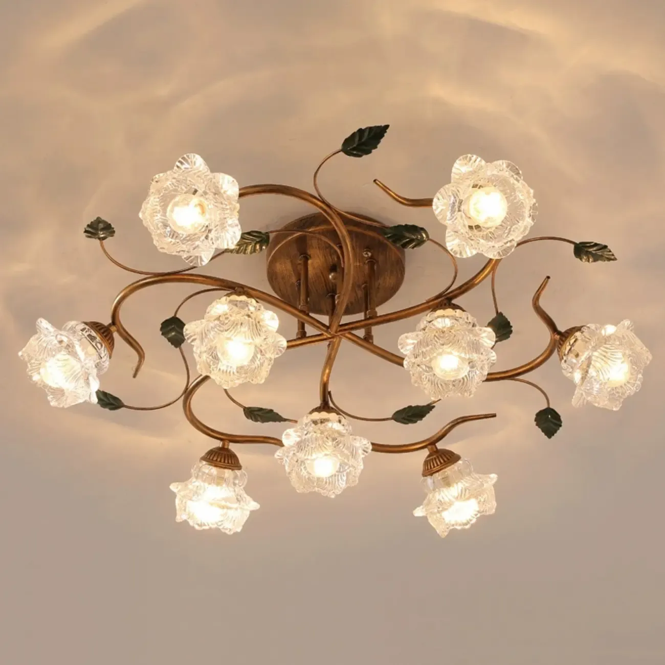 Vintage 5-Light Brass Glass Flower Semi-Flush Ceiling Light Image - 4