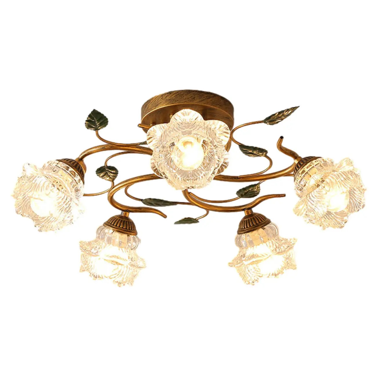 Vintage 5-Light Brass Glass Flower Semi-Flush Ceiling Light Image - 5 | homeyfad