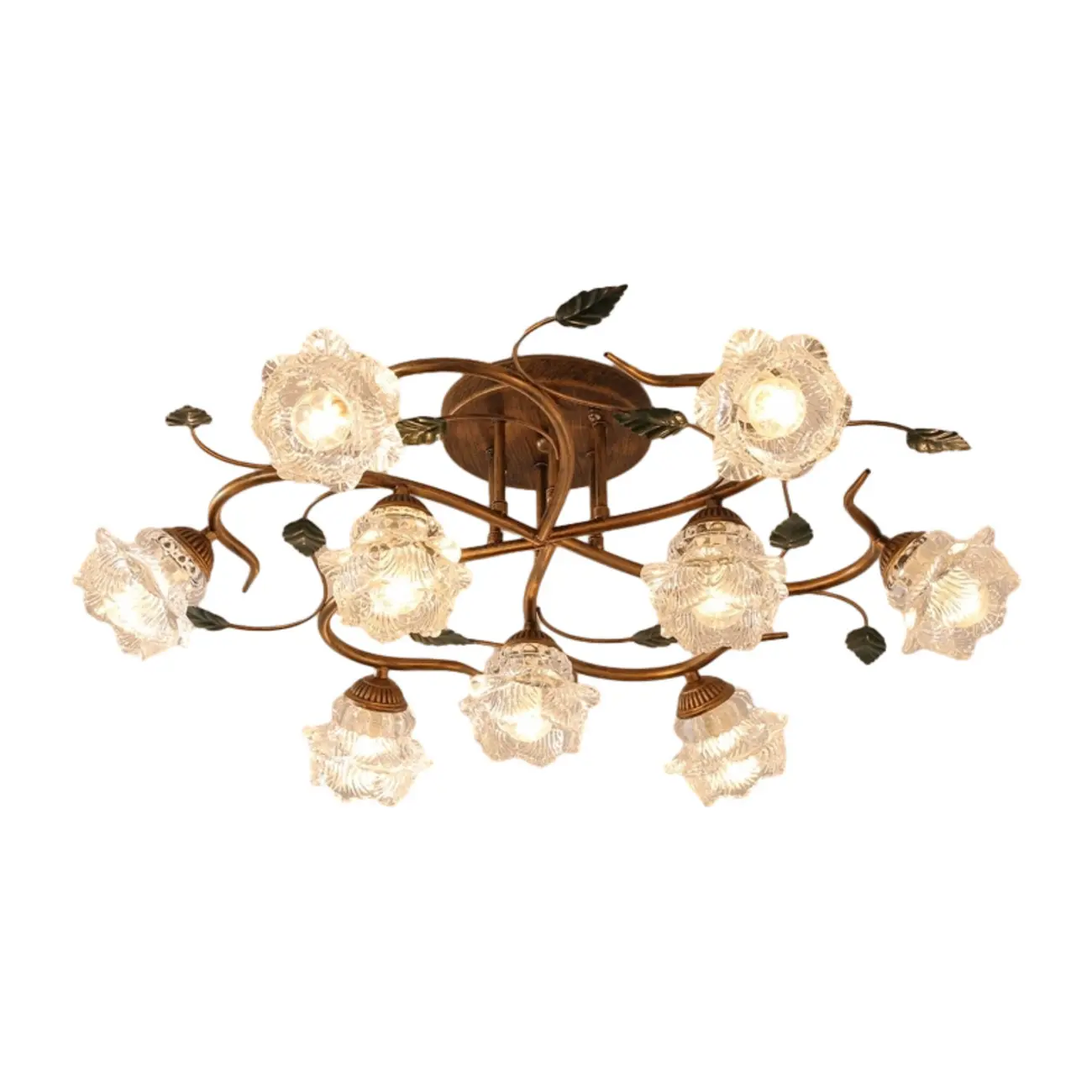 Vintage 5-Light Brass Glass Flower Semi-Flush Ceiling Light Image - 6 | homeyfad