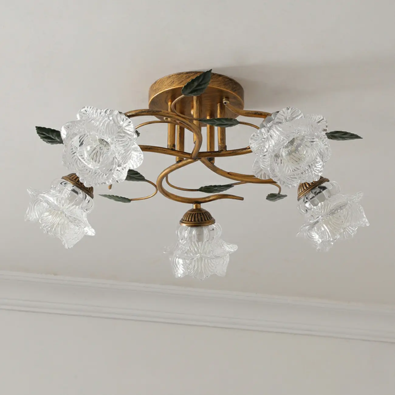 Vintage 5-Light Brass Glass Flower Semi-Flush Ceiling Light Image - 7 | homeyfad