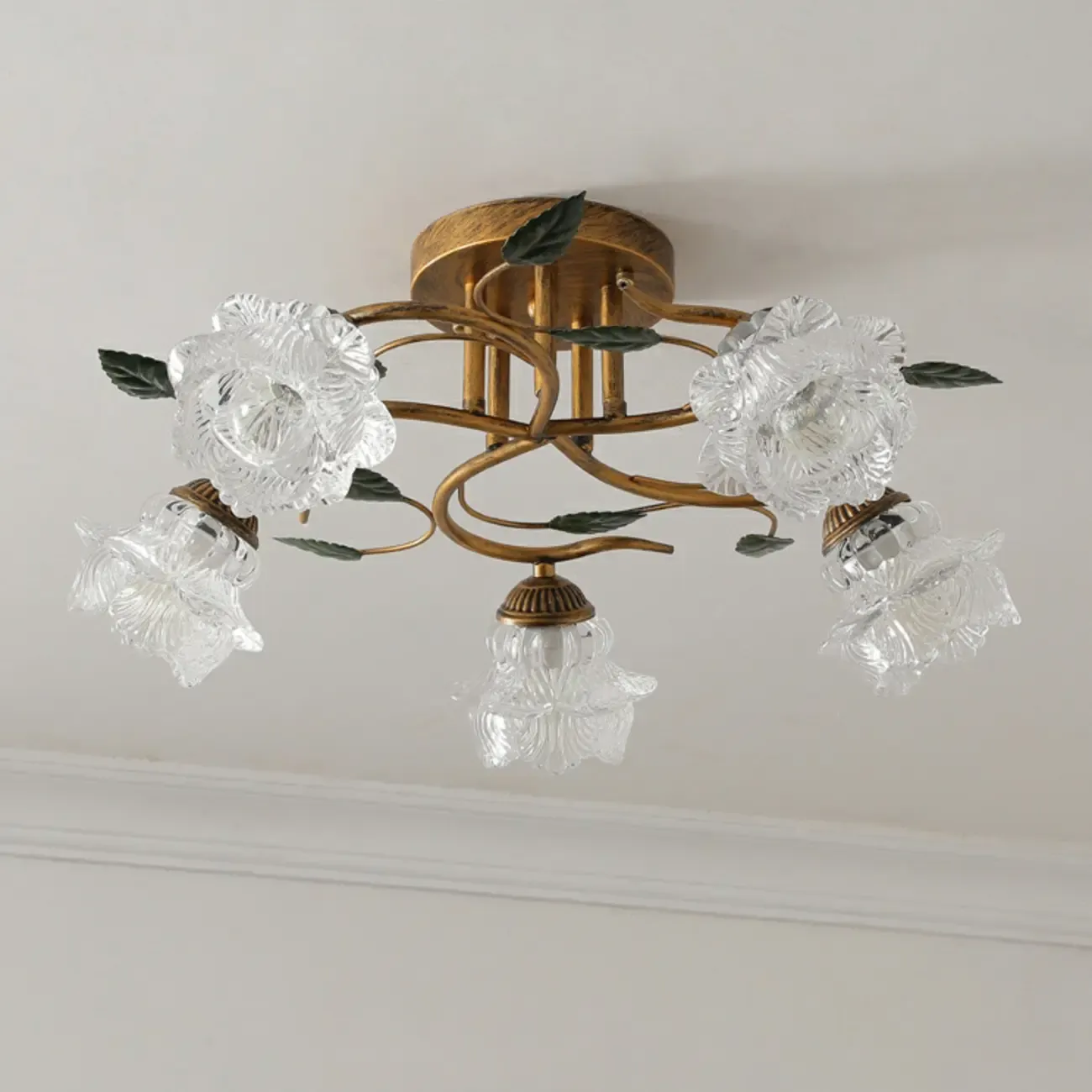 Vintage 5-Light Brass Glass Flower Semi-Flush Ceiling Light Image - 7