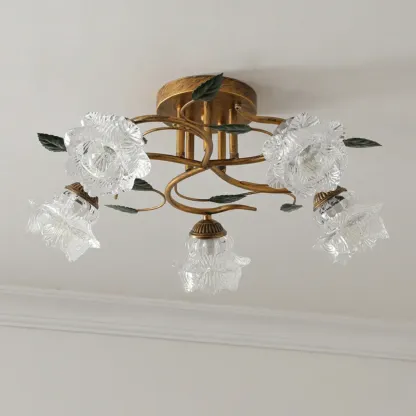 Vintage 5-Light Brass Glass Flower Semi-Flush Ceiling Light Image - 7