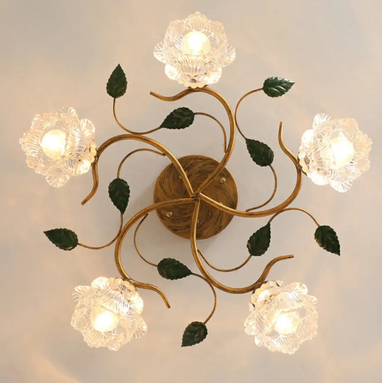Vintage 5-Light Brass Glass Flower Semi-Flush Ceiling Light Image - 8