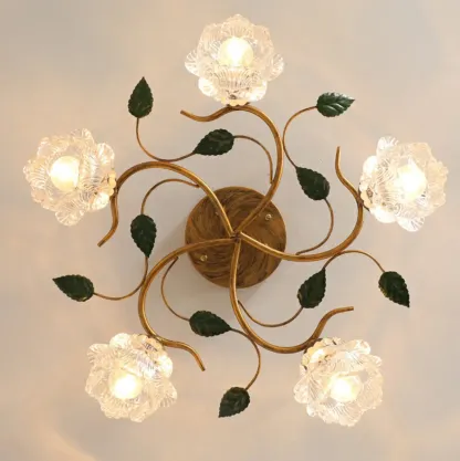 Vintage 5-Light Brass Glass Flower Semi-Flush Ceiling Light Image - 8
