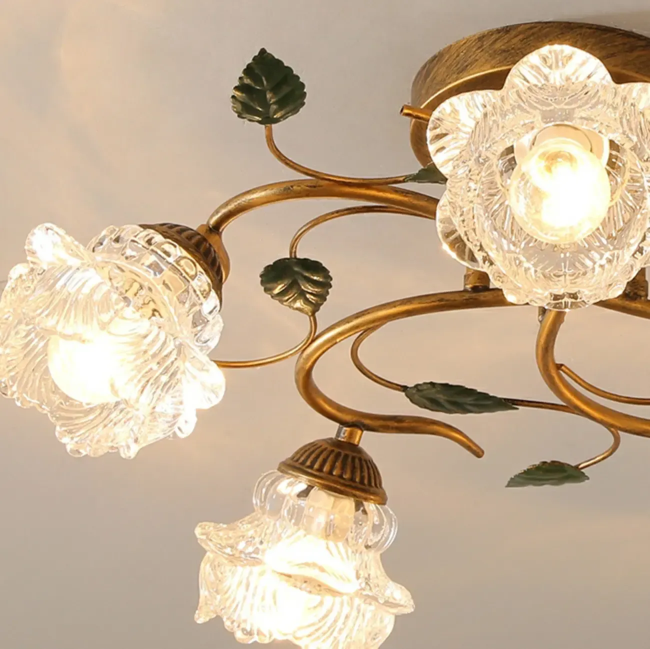 Vintage 5-Light Brass Glass Flower Semi-Flush Ceiling Light Image - 9