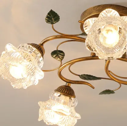 Vintage 5-Light Brass Glass Flower Semi-Flush Ceiling Light Image - 9