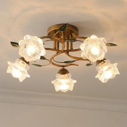 Vintage 5-Light Brass Glass Flower Semi-Flush Ceiling Light Image - 10