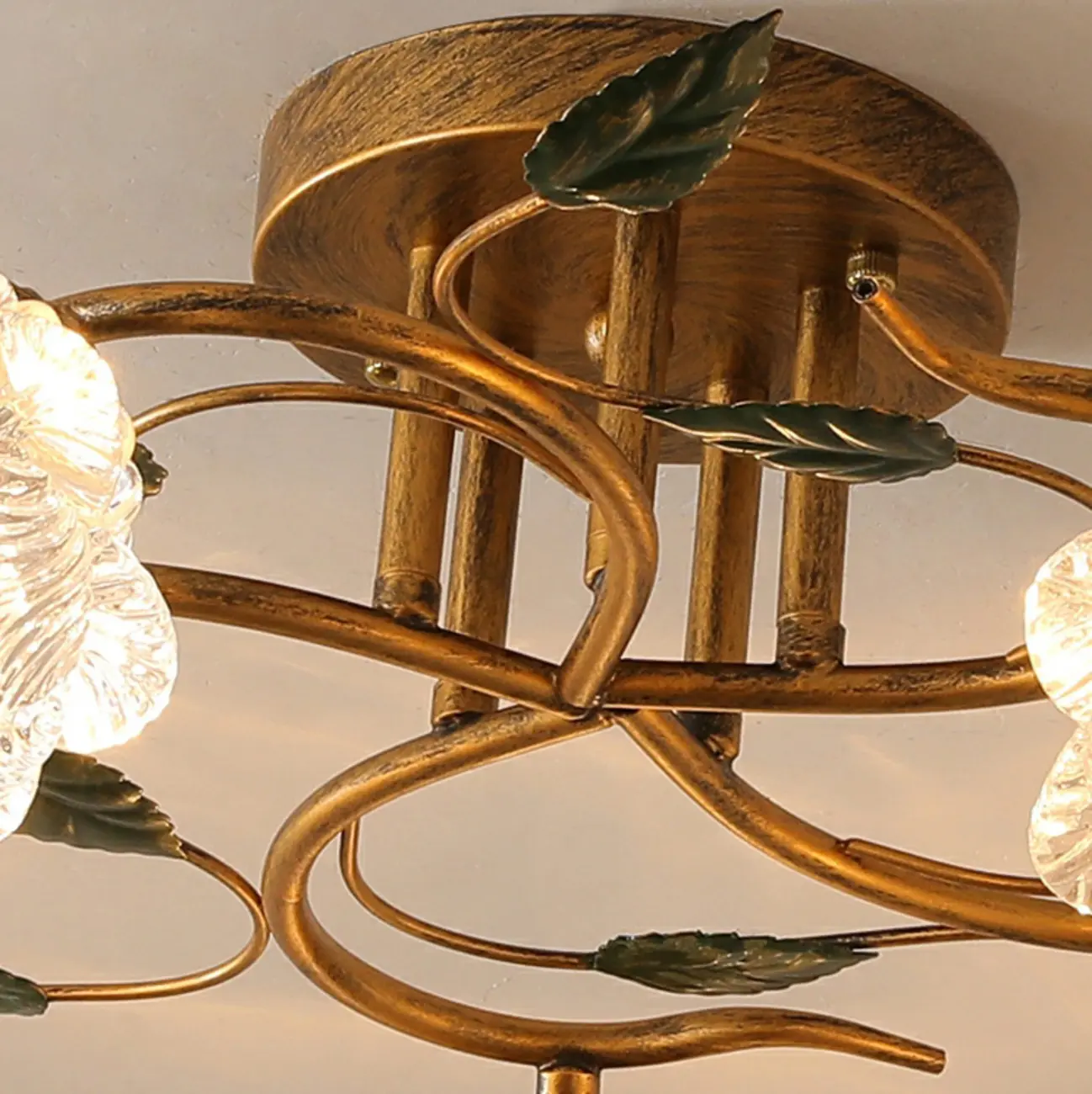 Vintage 5-Light Brass Glass Flower Semi-Flush Ceiling Light Image - 11 | homeyfad