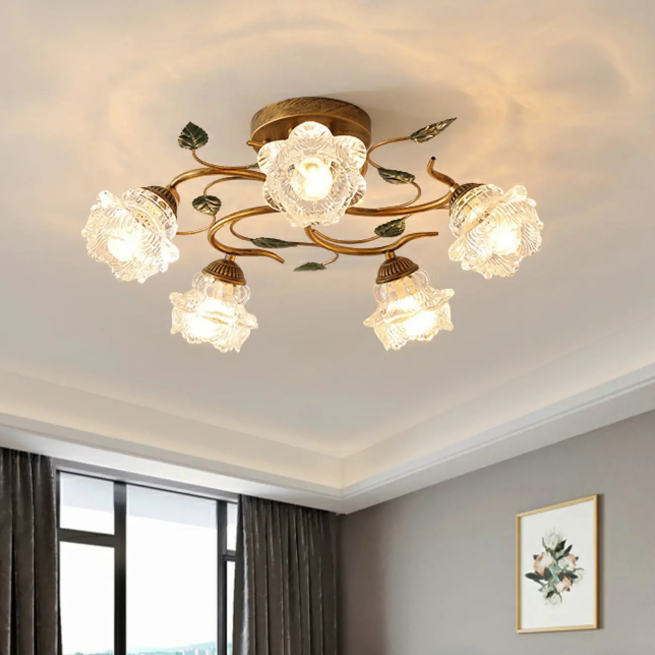 Vintage 5-Light Brass Glass Flower Semi-Flush Ceiling Light Image - 13 | homeyfad