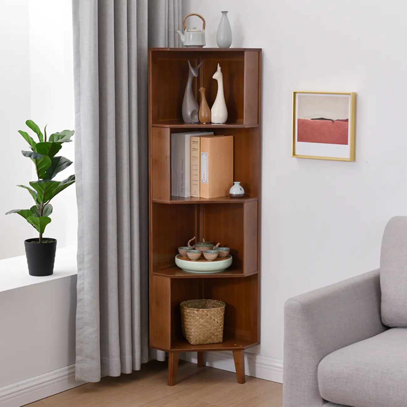 Modern Brown Wooden Corner Display Storage Cabinet for Home Image - 1 | homeyfad