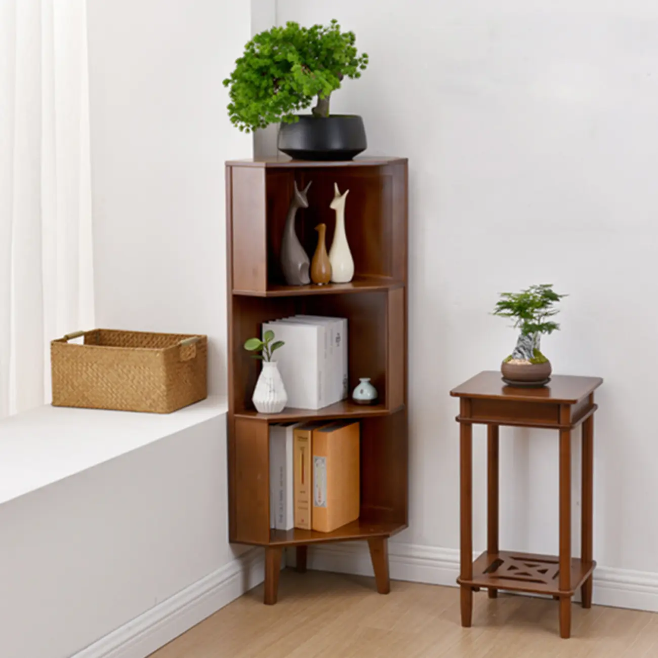 Modern Brown Wooden Corner Display Storage Cabinet for Home Image - 4 | homeyfad