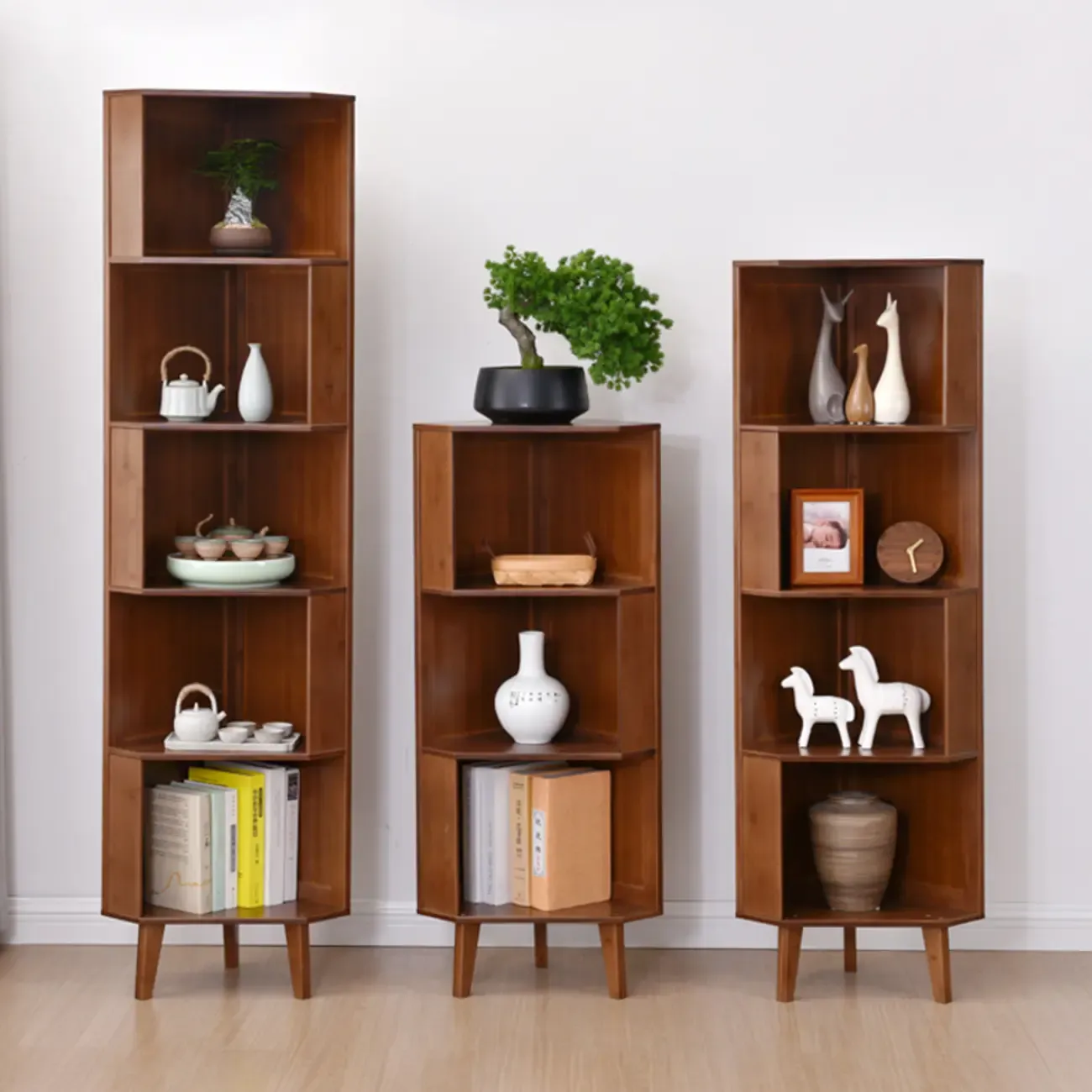 Modern Brown Wooden Corner Display Storage Cabinet for Home Image - 5