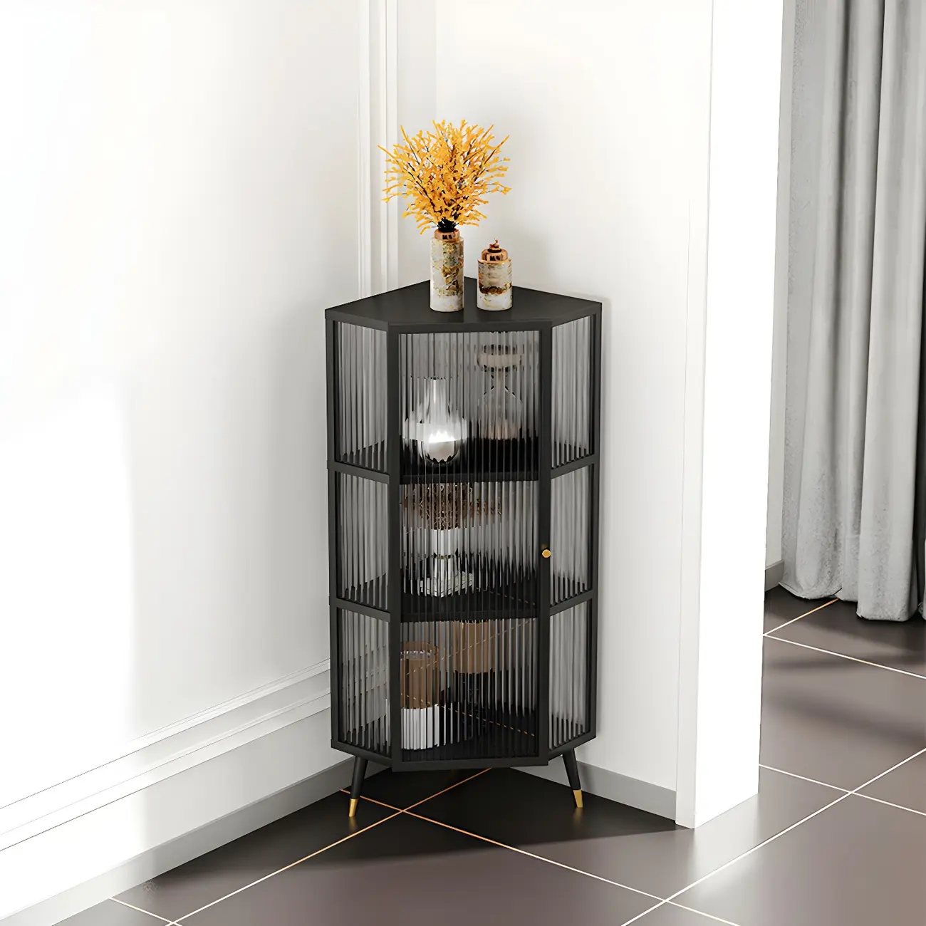 Modern Black Metal Ribbed Glass Corner Cabinet Image - 4 | homeyfad