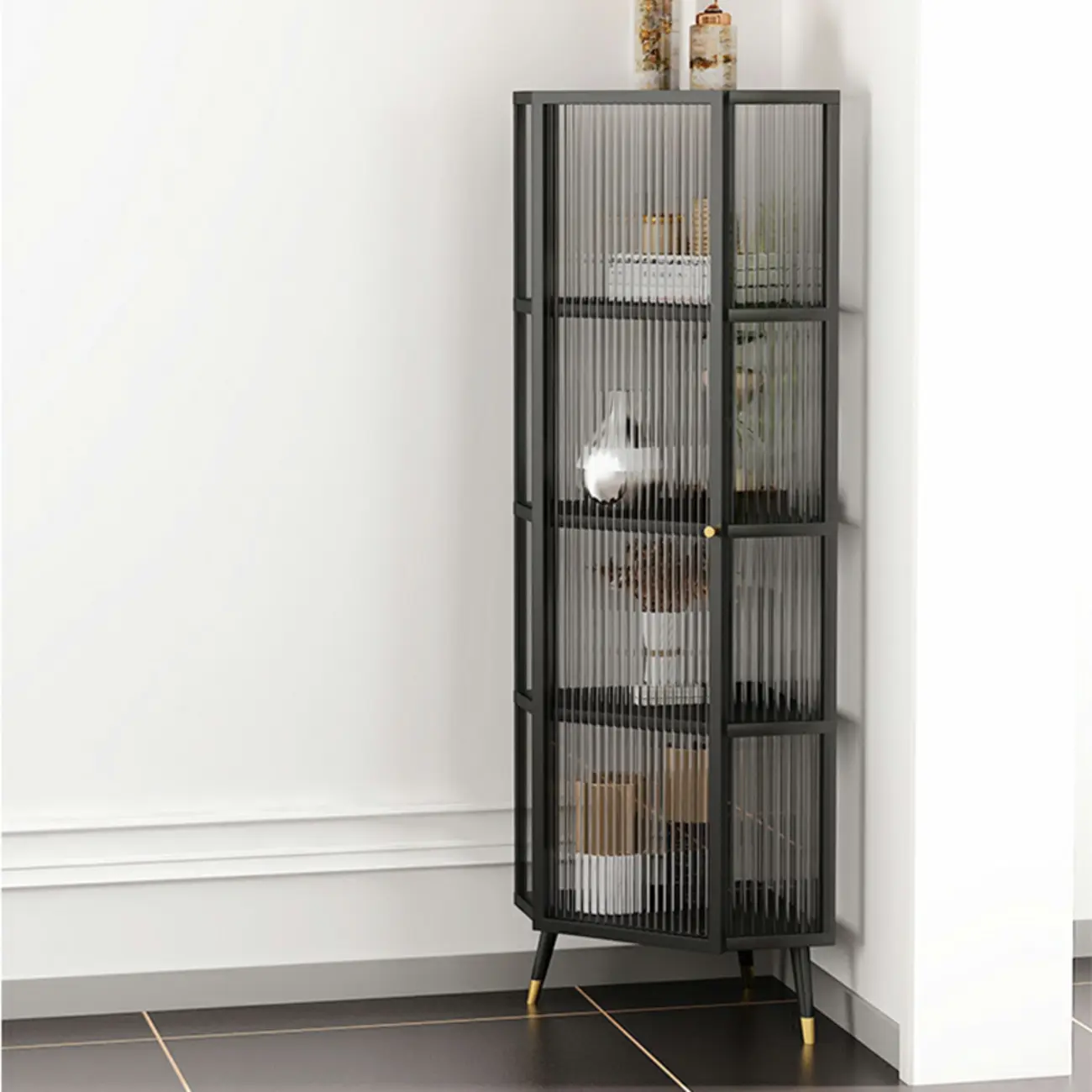 Modern Black Metal Ribbed Glass Corner Cabinet Image - 3 | homeyfad
