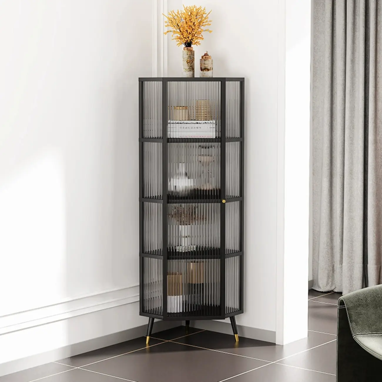 Modern Black Metal Ribbed Glass Corner Cabinet Image - 1 | homeyfad