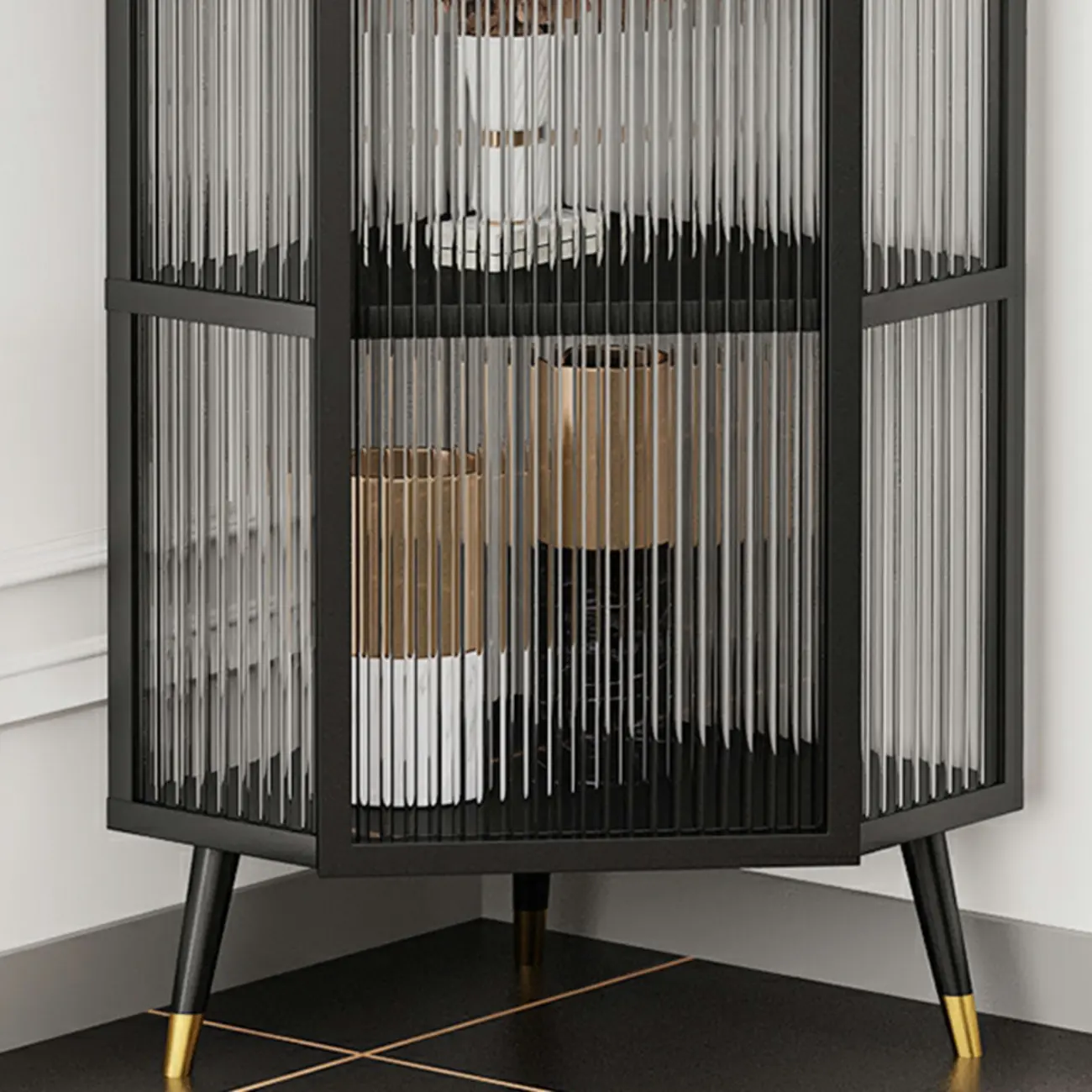 Modern Black Metal Ribbed Glass Corner Cabinet Image - 11 | homeyfad