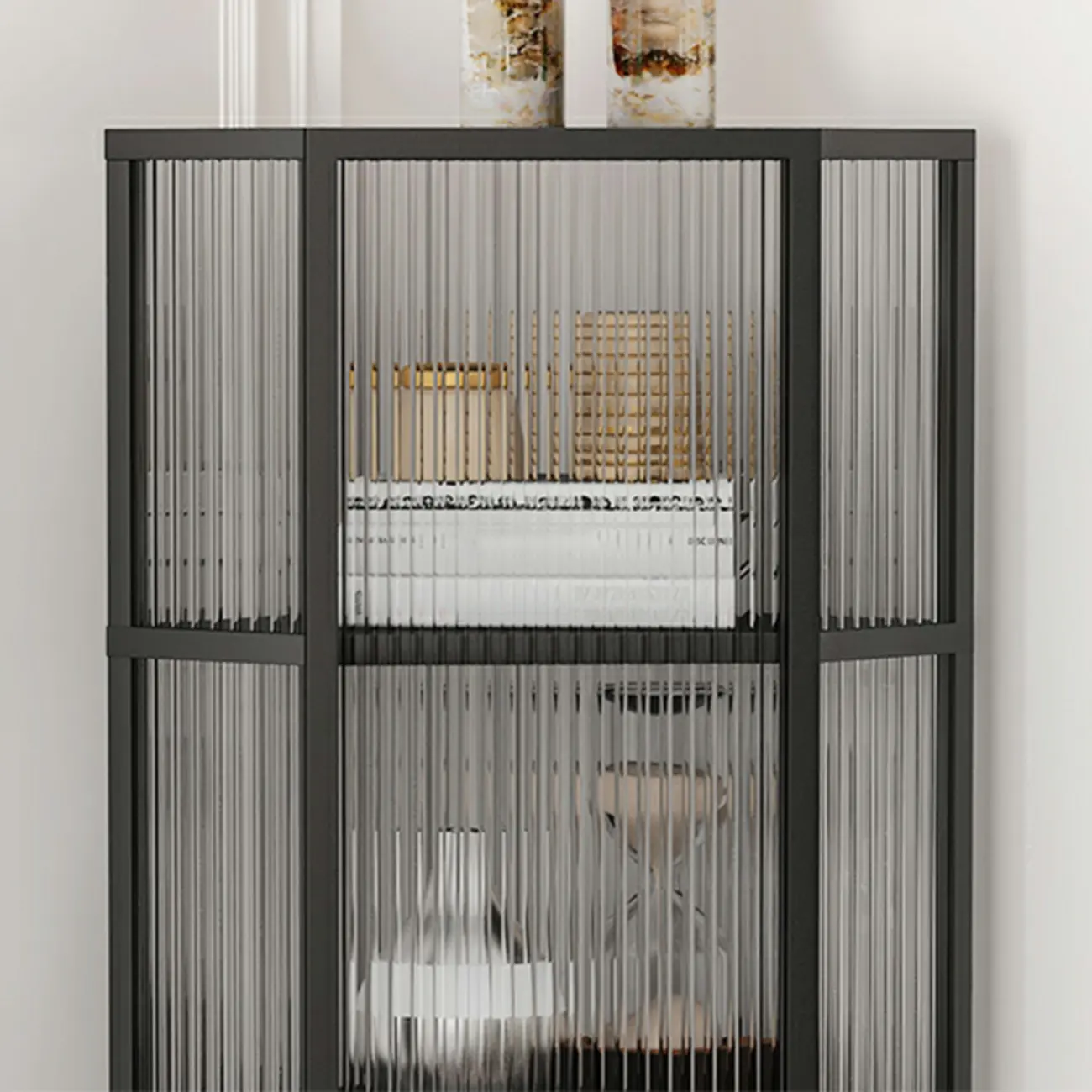 Modern Black Metal Ribbed Glass Corner Cabinet Image - 12 | homeyfad
