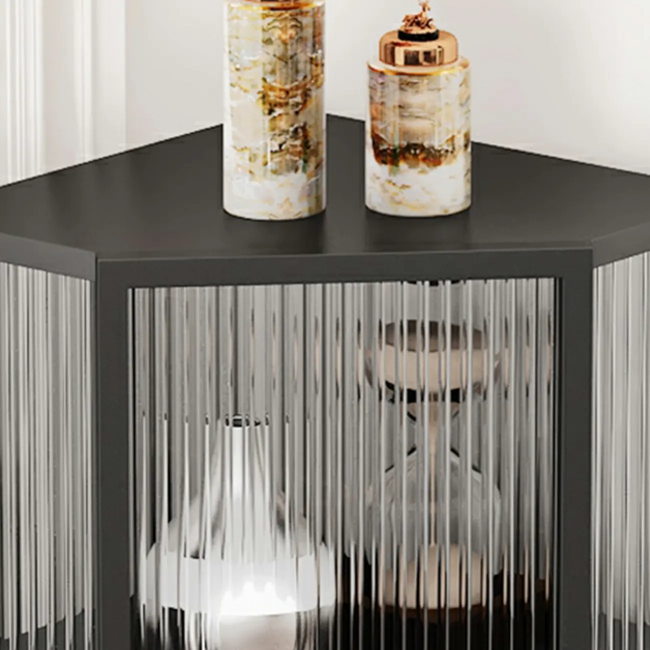 Modern Black Metal Ribbed Glass Corner Cabinet Image - 13 | homeyfad