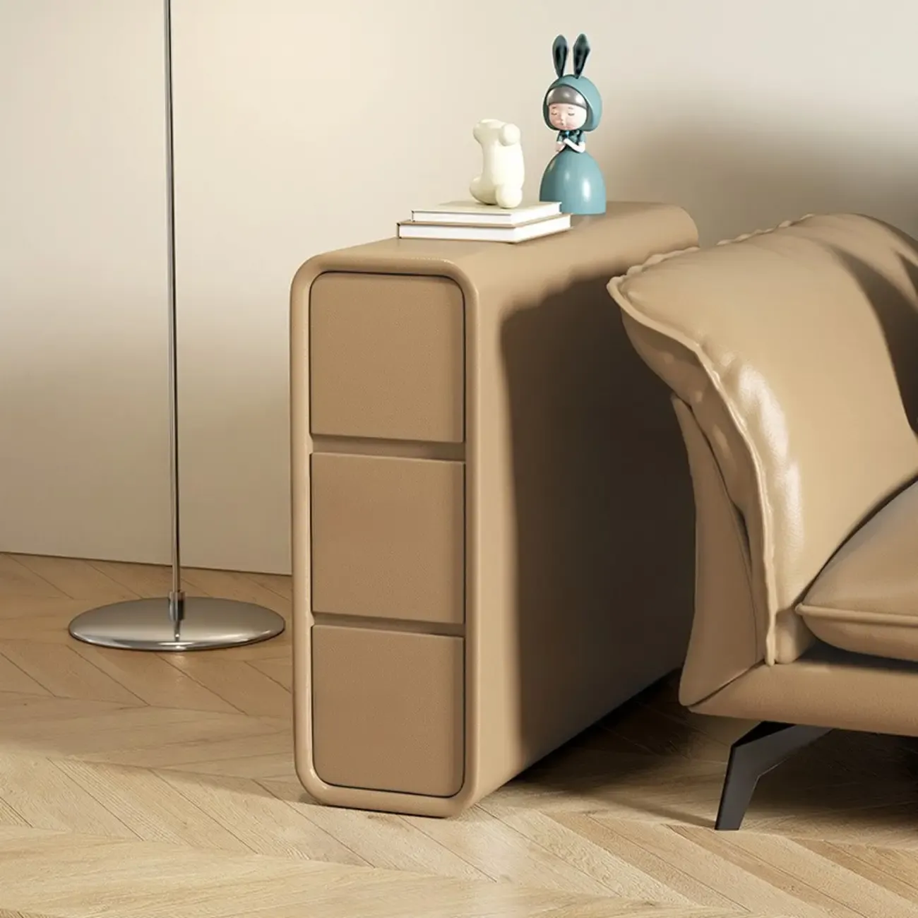 Narrow 3-tier Rectangle Leather Side Table with Drawers | HomeyFad