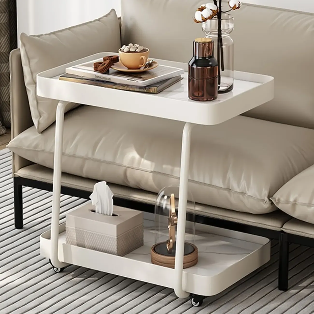 Modern C-Shaped White Stone Rectangular Swivel Side Table Image - 1