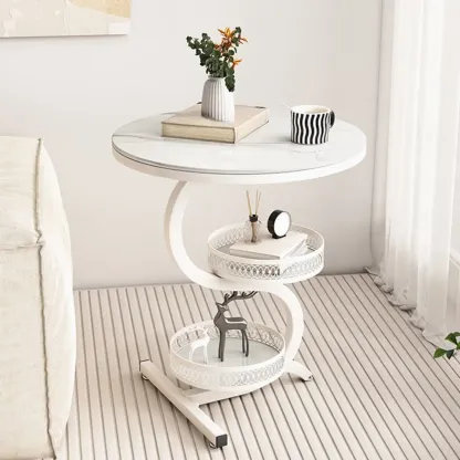 Glam Abstract White Stone 3-Layer Round Side Table Image - 3