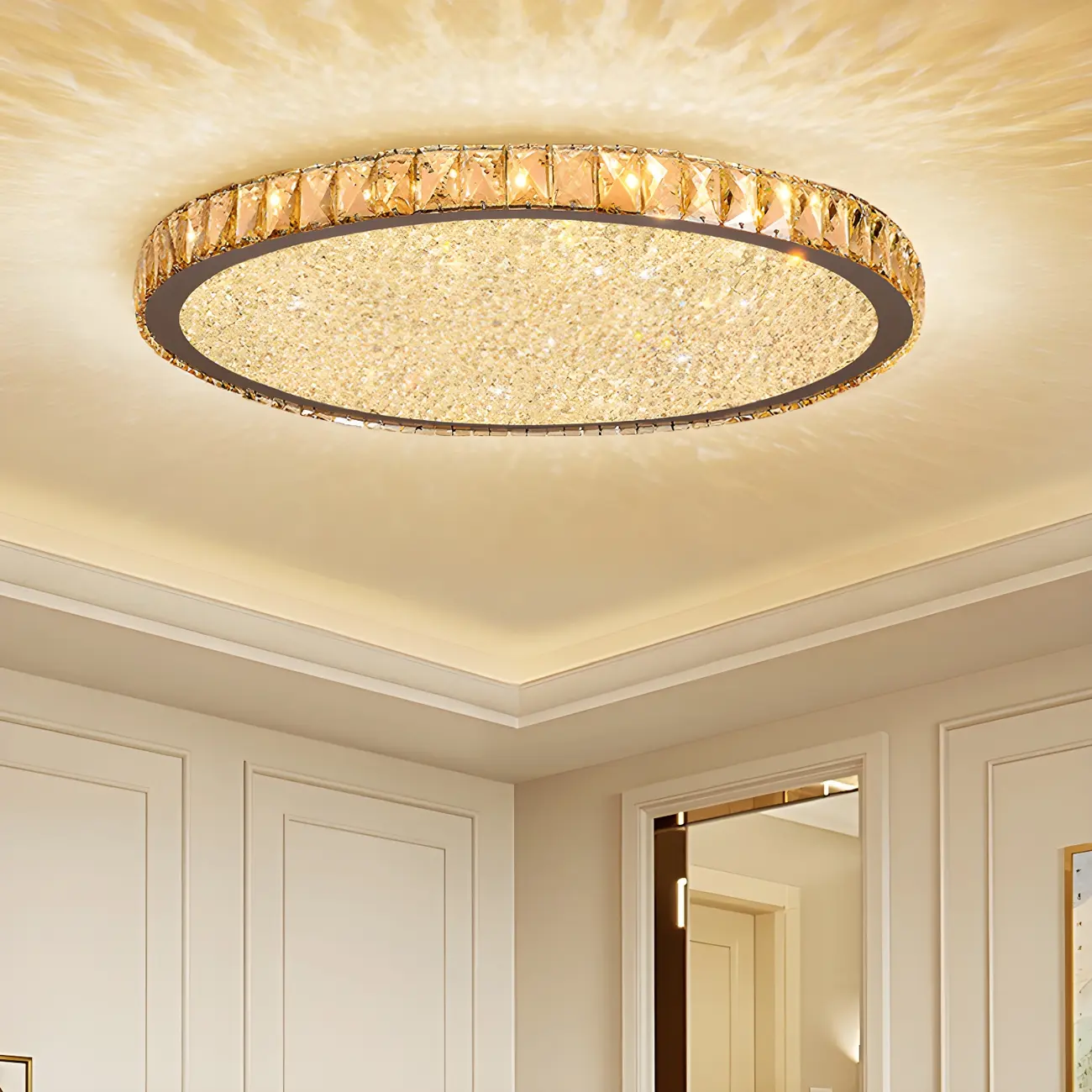 LED Gold Round Crystal Flush Mount Ceiling Light Image - 1 | homeyfad