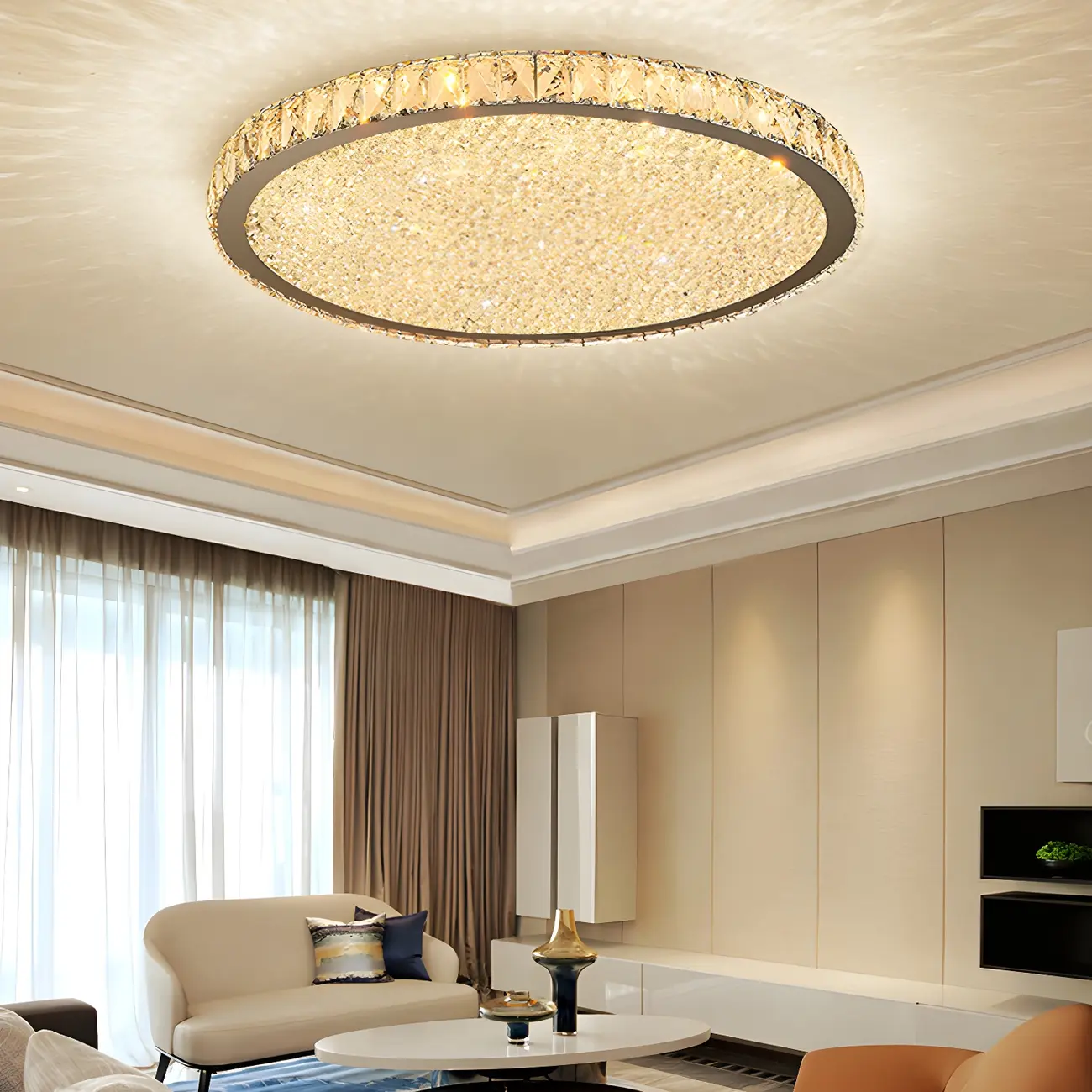 LED Gold Round Crystal Flush Mount Ceiling Light Image - 4 | homeyfad