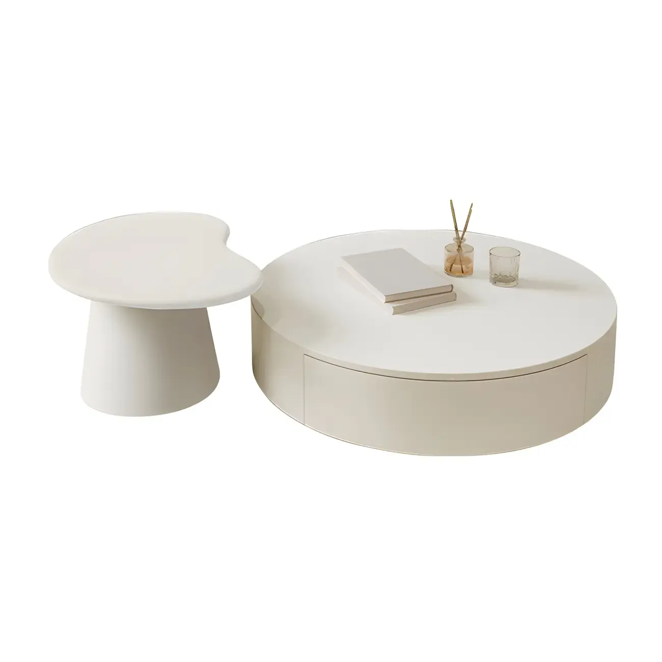 Drum Round White Wood Modern Coffee Table with Storage Image - 5