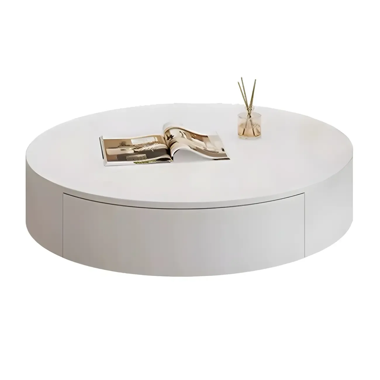 Drum Round White Wood Modern Coffee Table with Storage Image - 8