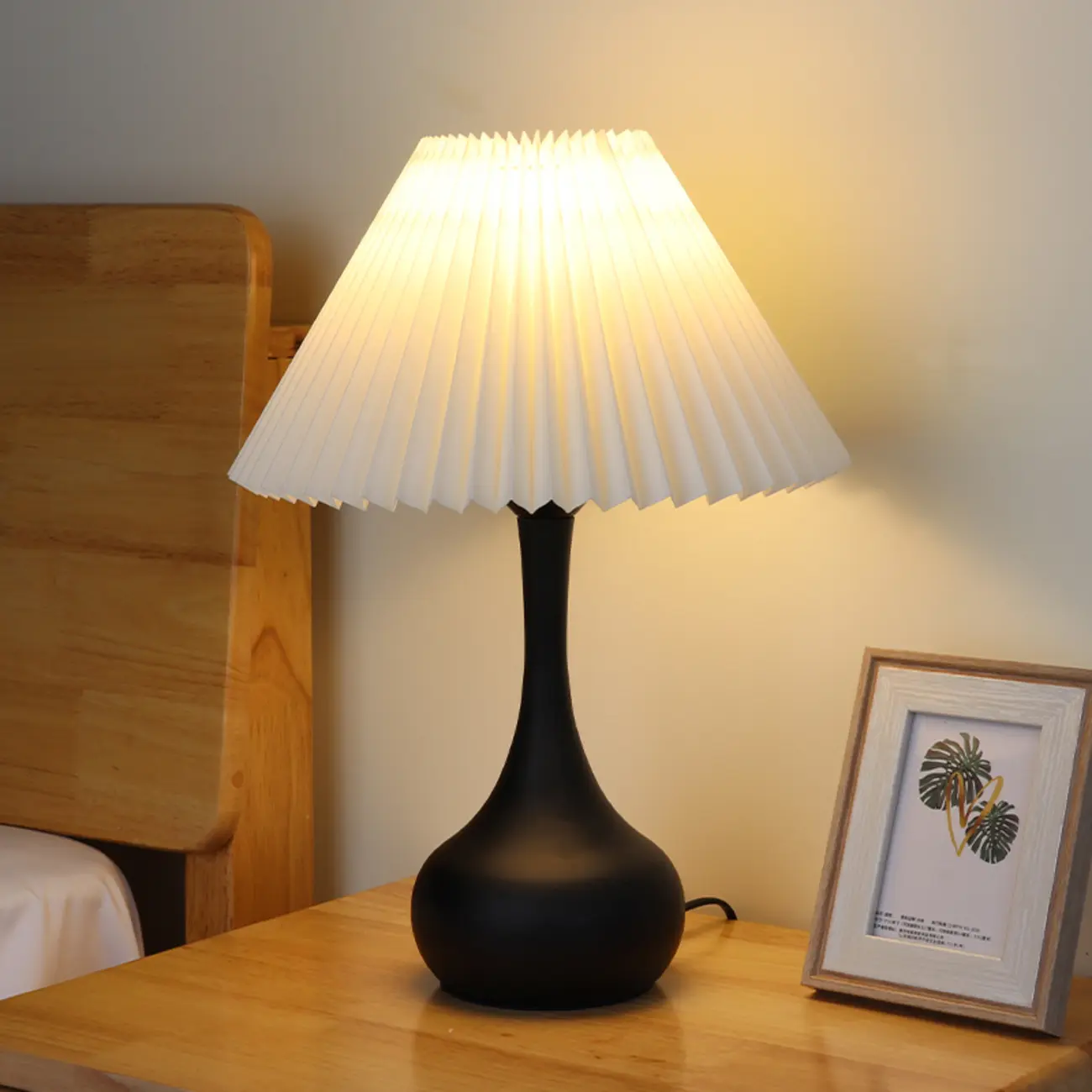 Modern Simple Black LED Table Lamp in Pleated Fabric Shade Image - 1 | homeyfad