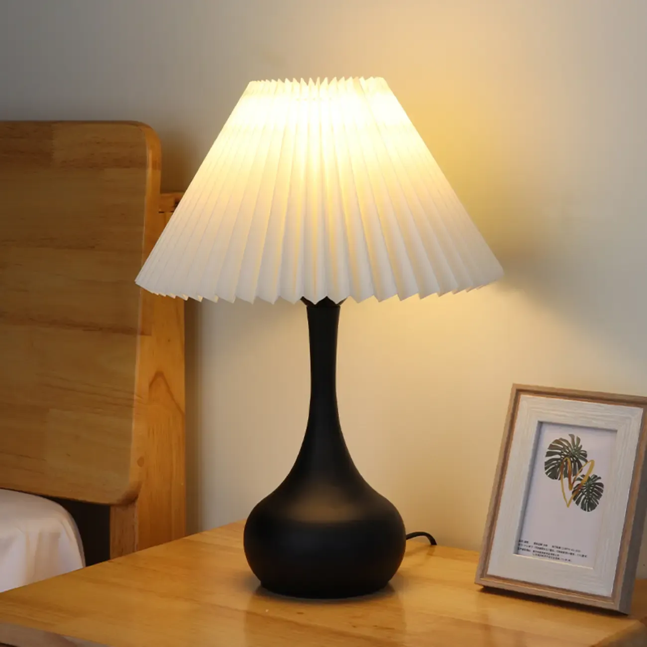 Modern Simple Black LED Table Lamp in Pleated Fabric Shade Image - 1